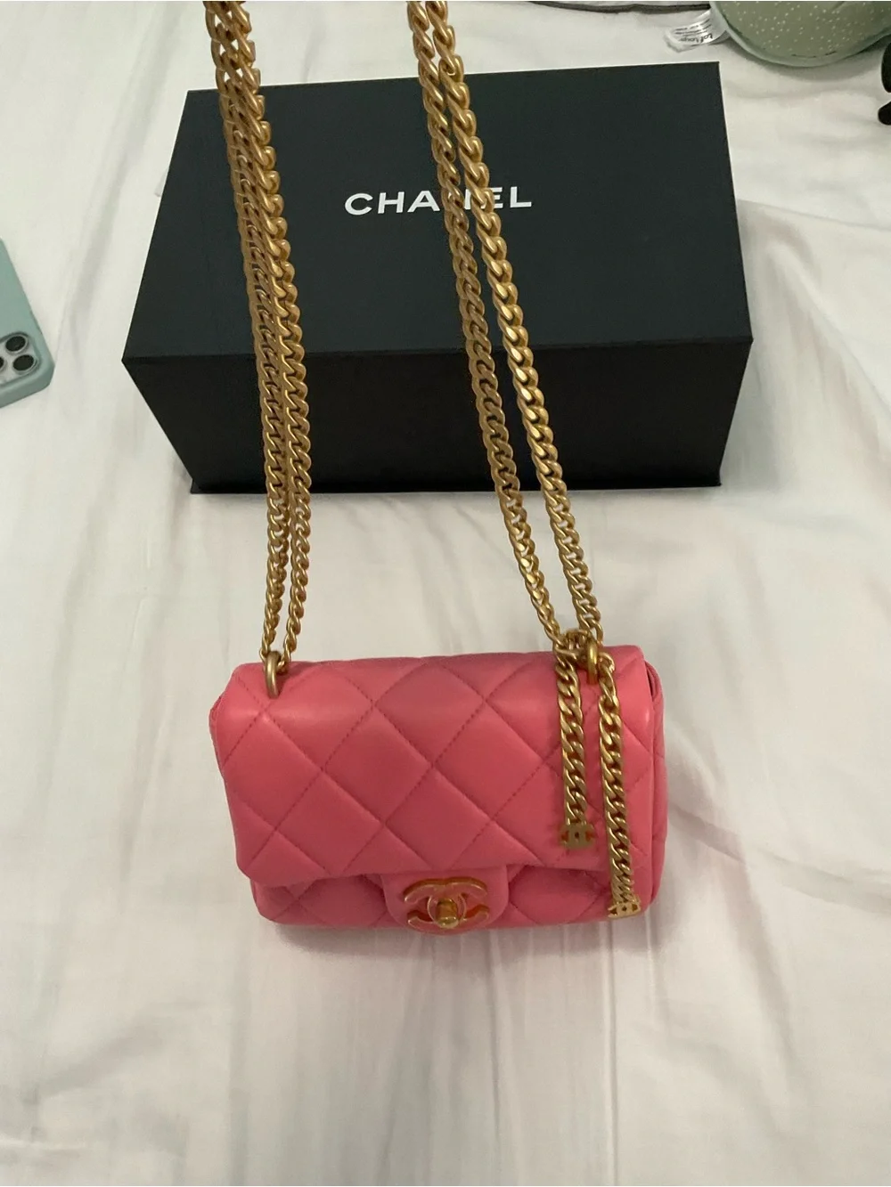 22P Pink Enamel Lambskin Quilted Pending CC Small Square Flap Aged Gold Hardware